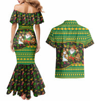 Jamaica Christmas Couples Matching Mermaid Dress and Hawaiian Shirt with Rasta Santa Snowman Gingerbread Drummer Palm Trees and Green Yellow Knit Pattern Design - Wonder Print Shop