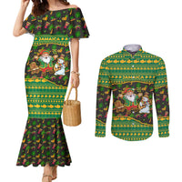 Jamaica Christmas Couples Matching Mermaid Dress and Long Sleeve Button Shirt with Rasta Santa Snowman Gingerbread Drummer Palm Trees and Green Yellow Knit Pattern Design - Wonder Print Shop