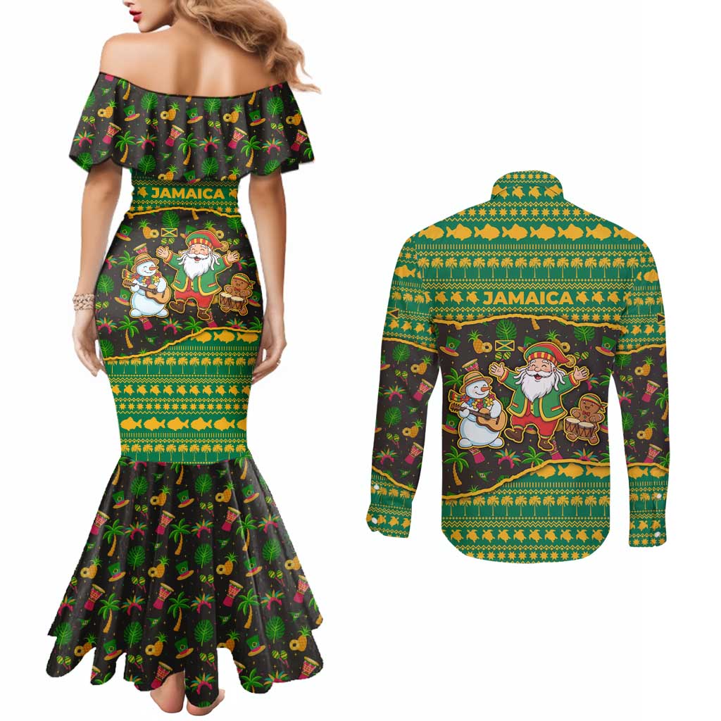Jamaica Christmas Couples Matching Mermaid Dress and Long Sleeve Button Shirt with Rasta Santa Snowman Gingerbread Drummer Palm Trees and Green Yellow Knit Pattern Design - Wonder Print Shop