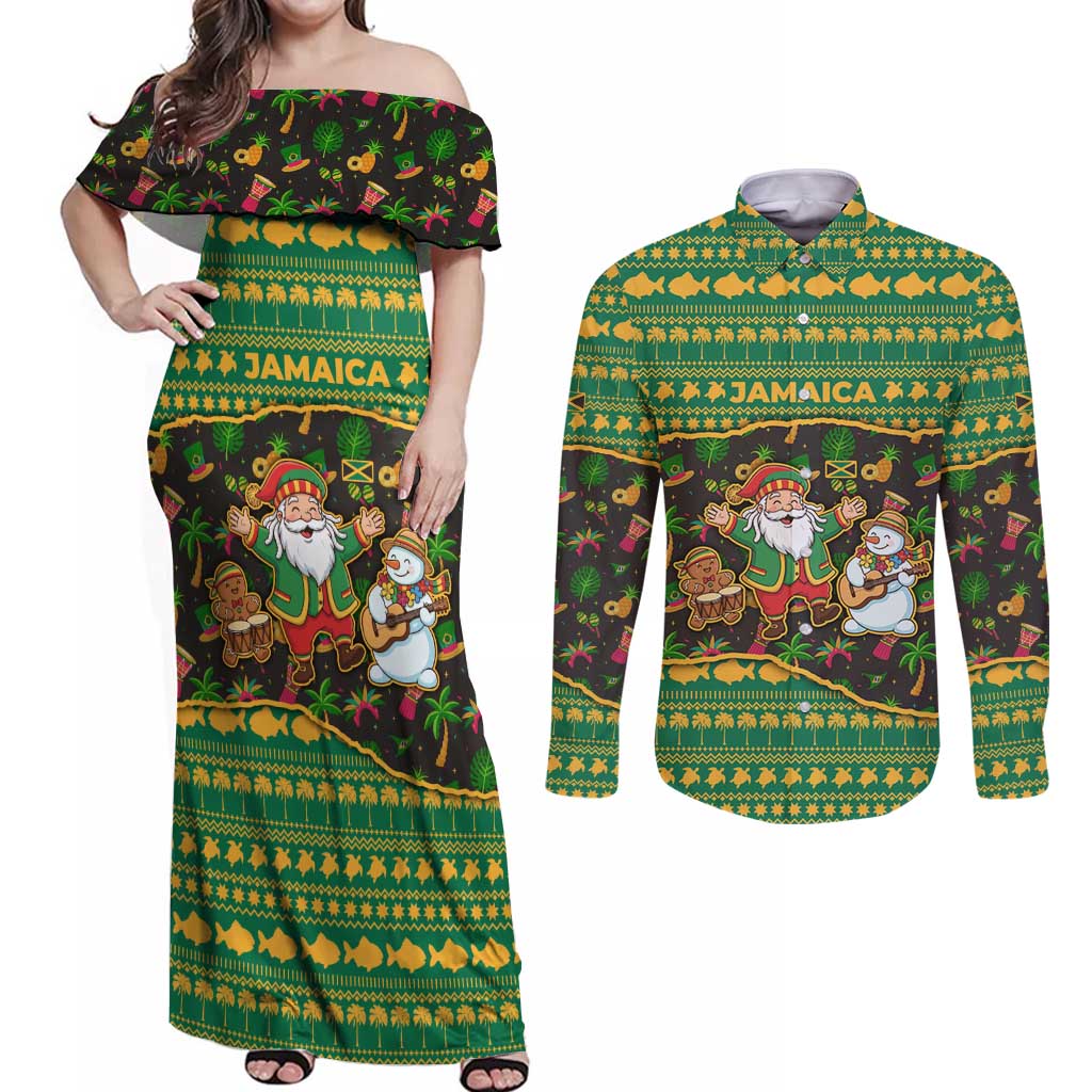 Jamaica Christmas Couples Matching Off Shoulder Maxi Dress and Long Sleeve Button Shirt with Rasta Santa Snowman Gingerbread Drummer Palm Trees and Green Yellow Knit Pattern Design - Wonder Print Shop