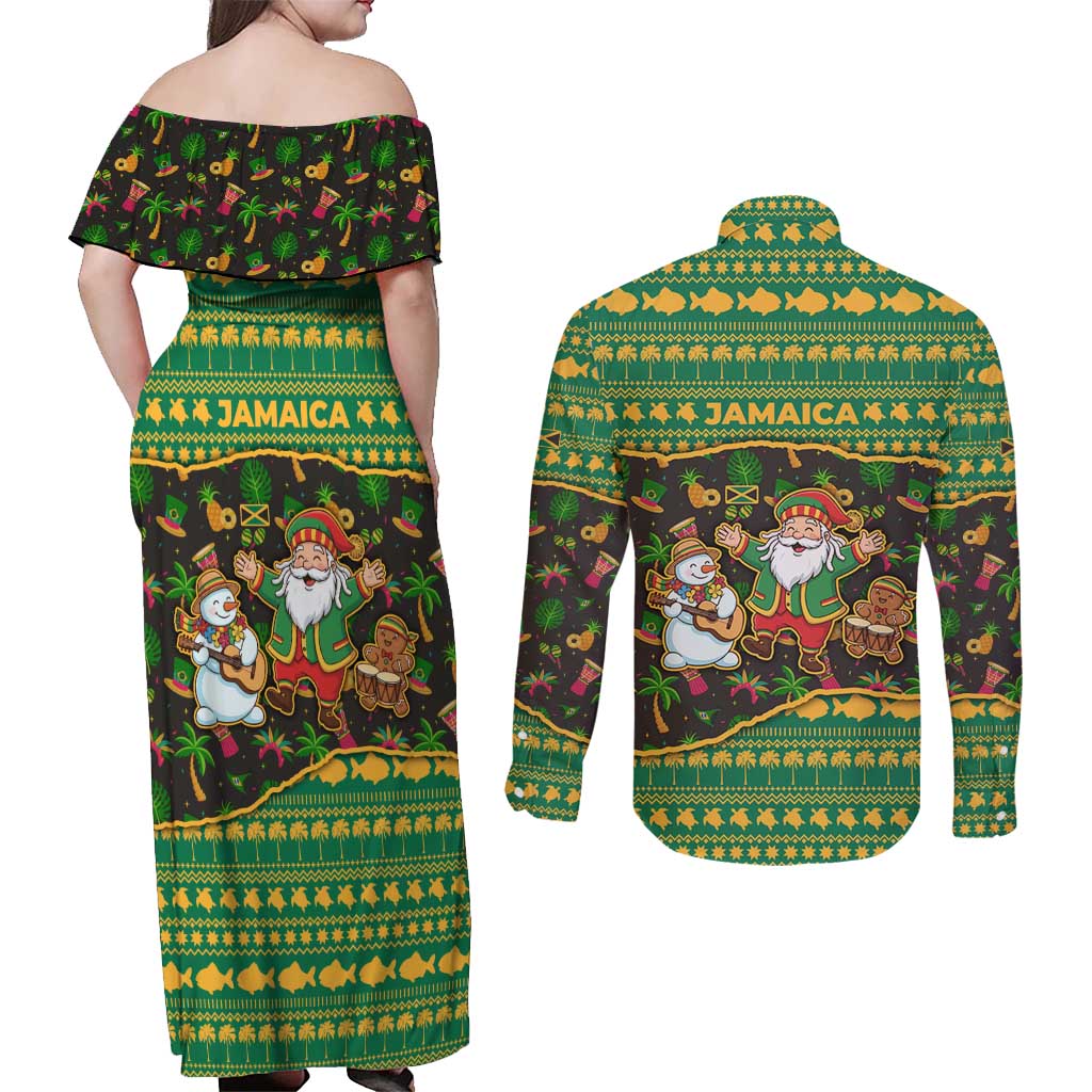 Jamaica Christmas Couples Matching Off Shoulder Maxi Dress and Long Sleeve Button Shirt with Rasta Santa Snowman Gingerbread Drummer Palm Trees and Green Yellow Knit Pattern Design - Wonder Print Shop