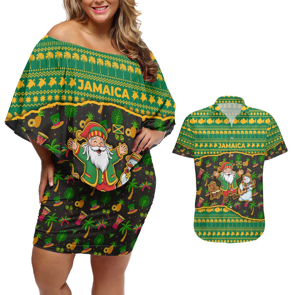 Jamaica Christmas Couples Matching Off Shoulder Short Dress and Hawaiian Shirt with Rasta Santa Snowman Gingerbread Drummer Palm Trees and Green Yellow Knit Pattern Design - Wonder Print Shop