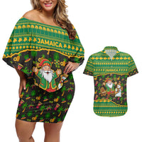 Jamaica Christmas Couples Matching Off Shoulder Short Dress and Hawaiian Shirt with Rasta Santa Snowman Gingerbread Drummer Palm Trees and Green Yellow Knit Pattern Design - Wonder Print Shop