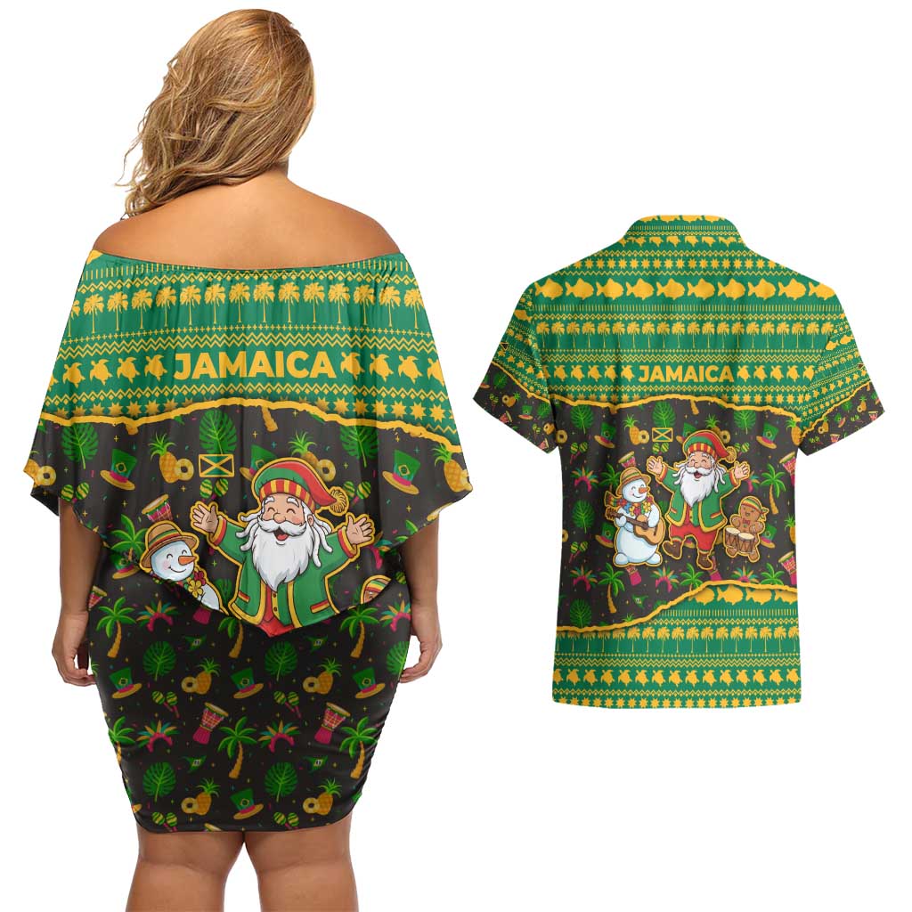 Jamaica Christmas Couples Matching Off Shoulder Short Dress and Hawaiian Shirt with Rasta Santa Snowman Gingerbread Drummer Palm Trees and Green Yellow Knit Pattern Design - Wonder Print Shop