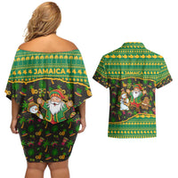 Jamaica Christmas Couples Matching Off Shoulder Short Dress and Hawaiian Shirt with Rasta Santa Snowman Gingerbread Drummer Palm Trees and Green Yellow Knit Pattern Design - Wonder Print Shop