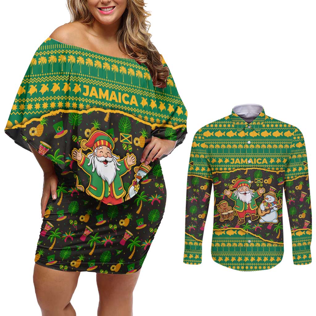 Jamaica Christmas Couples Matching Off Shoulder Short Dress and Long Sleeve Button Shirt with Rasta Santa Snowman Gingerbread Drummer Palm Trees and Green Yellow Knit Pattern Design - Wonder Print Shop