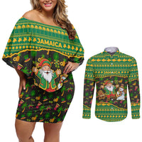 Jamaica Christmas Couples Matching Off Shoulder Short Dress and Long Sleeve Button Shirt with Rasta Santa Snowman Gingerbread Drummer Palm Trees and Green Yellow Knit Pattern Design - Wonder Print Shop