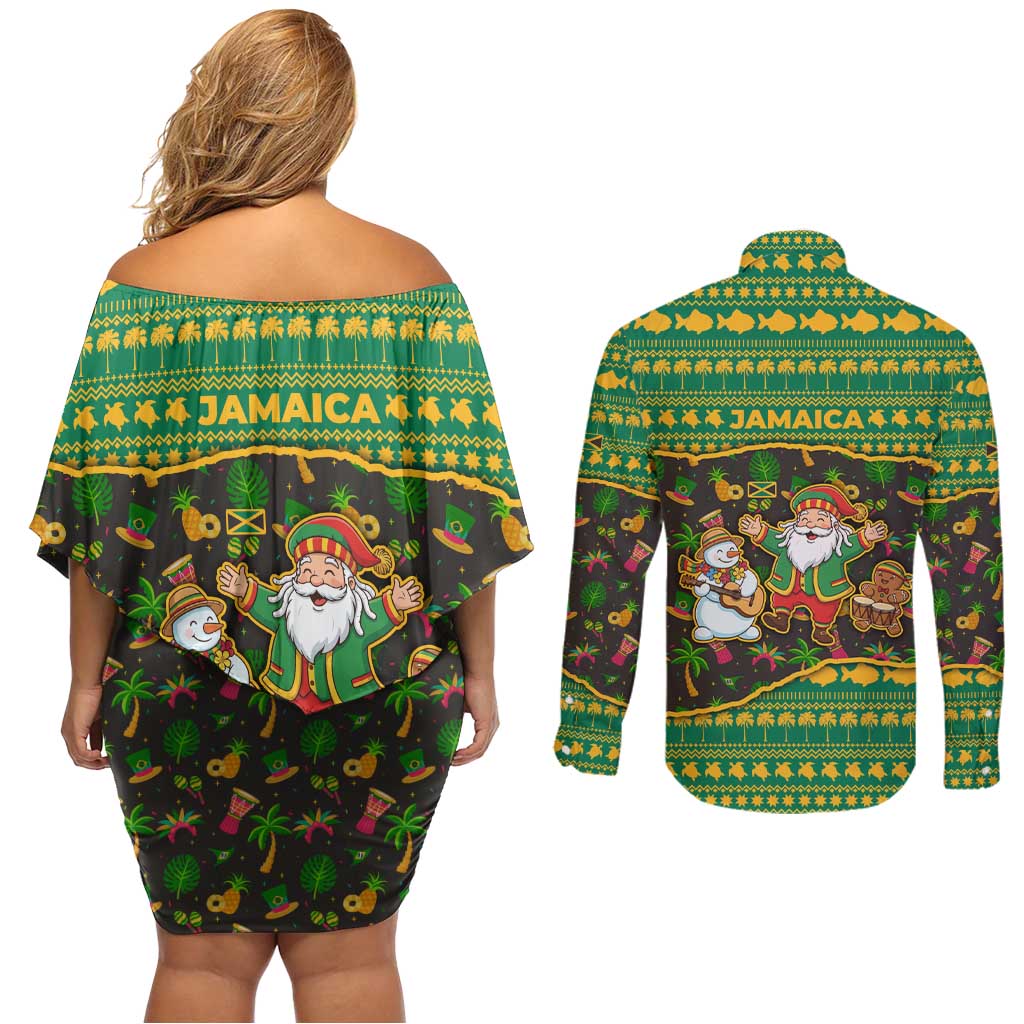 Jamaica Christmas Couples Matching Off Shoulder Short Dress and Long Sleeve Button Shirt with Rasta Santa Snowman Gingerbread Drummer Palm Trees and Green Yellow Knit Pattern Design - Wonder Print Shop