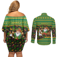 Jamaica Christmas Couples Matching Off Shoulder Short Dress and Long Sleeve Button Shirt with Rasta Santa Snowman Gingerbread Drummer Palm Trees and Green Yellow Knit Pattern Design - Wonder Print Shop