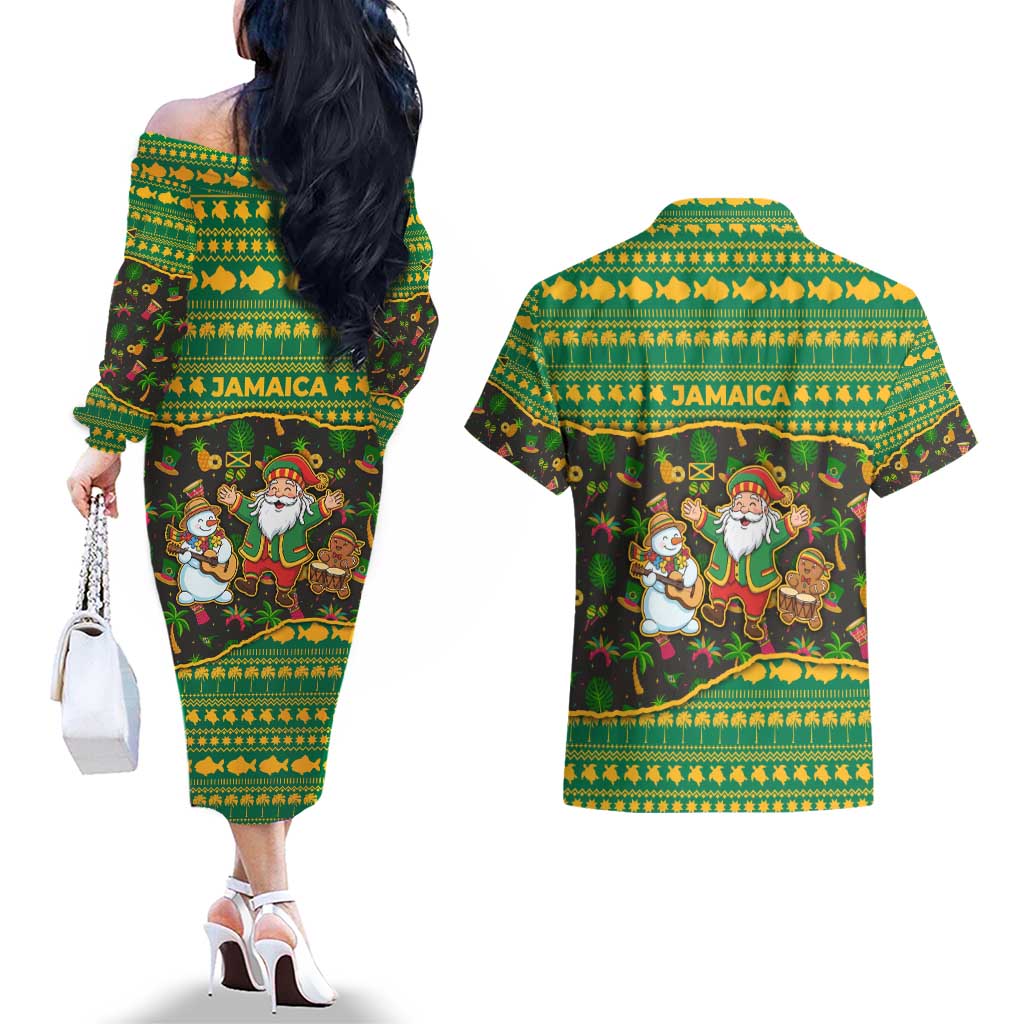 Jamaica Christmas Couples Matching Off The Shoulder Long Sleeve Dress and Hawaiian Shirt with Rasta Santa Snowman Gingerbread Drummer Palm Trees and Green Yellow Knit Pattern Design - Wonder Print Shop