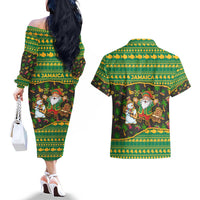 Jamaica Christmas Couples Matching Off The Shoulder Long Sleeve Dress and Hawaiian Shirt with Rasta Santa Snowman Gingerbread Drummer Palm Trees and Green Yellow Knit Pattern Design - Wonder Print Shop