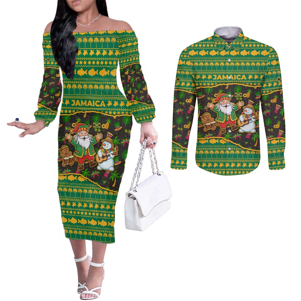 Jamaica Christmas Couples Matching Off The Shoulder Long Sleeve Dress and Long Sleeve Button Shirt with Rasta Santa Snowman Gingerbread Drummer Palm Trees and Green Yellow Knit Pattern Design - Wonder Print Shop