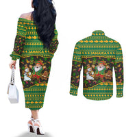 Jamaica Christmas Couples Matching Off The Shoulder Long Sleeve Dress and Long Sleeve Button Shirt with Rasta Santa Snowman Gingerbread Drummer Palm Trees and Green Yellow Knit Pattern Design - Wonder Print Shop