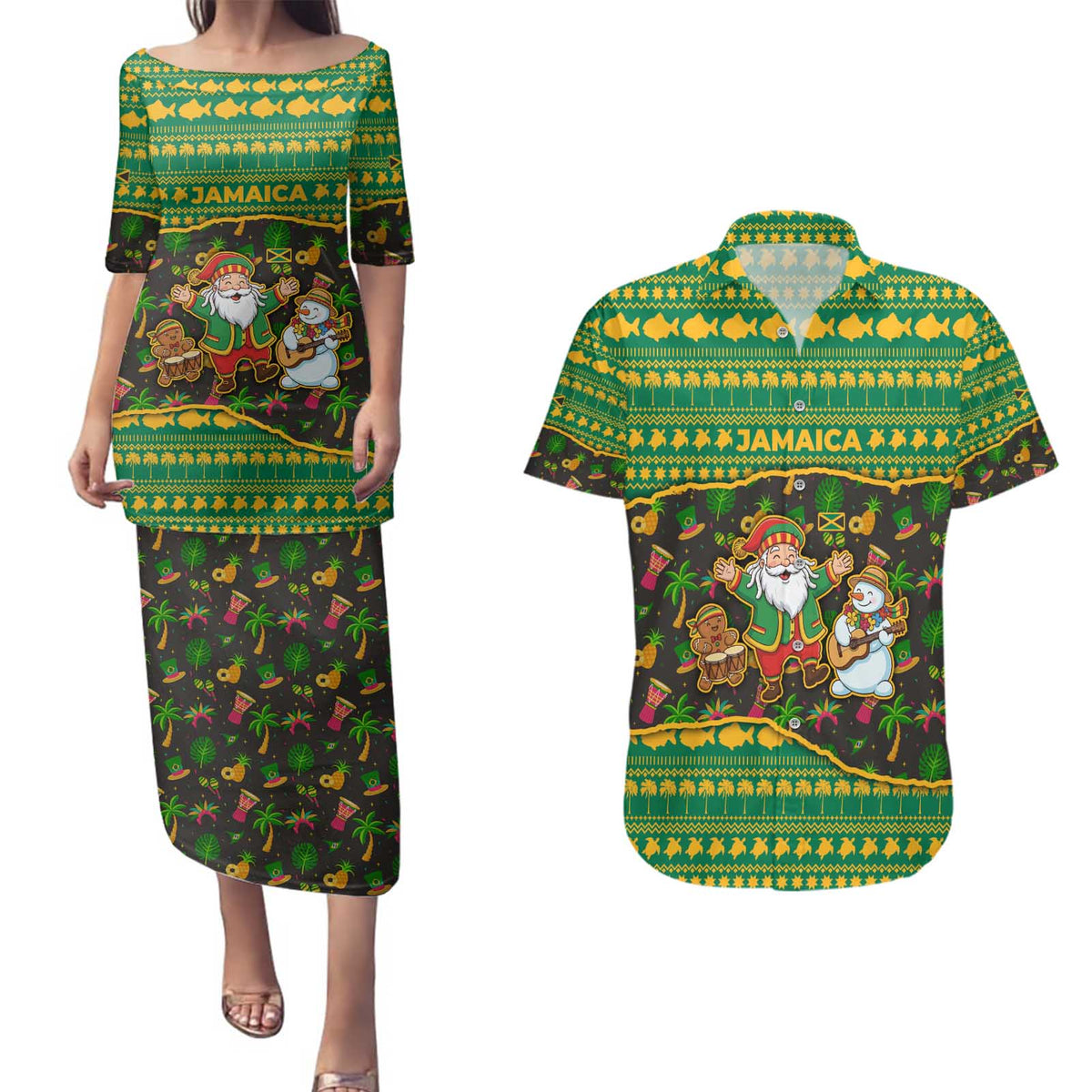 Jamaica Christmas Couples Matching Puletasi and Hawaiian Shirt with Rasta Santa Snowman Gingerbread Drummer Palm Trees and Green Yellow Knit Pattern Design - Wonder Print Shop