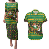 Jamaica Christmas Couples Matching Puletasi and Hawaiian Shirt with Rasta Santa Snowman Gingerbread Drummer Palm Trees and Green Yellow Knit Pattern Design - Wonder Print Shop