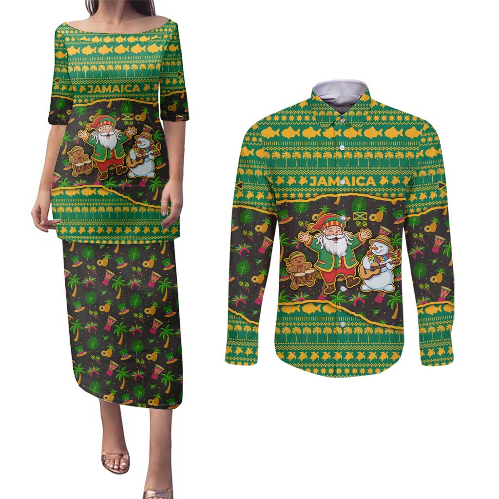 Jamaica Christmas Couples Matching Puletasi and Long Sleeve Button Shirt with Rasta Santa Snowman Gingerbread Drummer Palm Trees and Green Yellow Knit Pattern Design - Wonder Print Shop