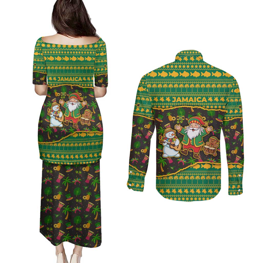 Jamaica Christmas Couples Matching Puletasi and Long Sleeve Button Shirt with Rasta Santa Snowman Gingerbread Drummer Palm Trees and Green Yellow Knit Pattern Design - Wonder Print Shop