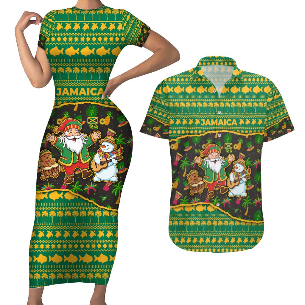 Jamaica Christmas Couples Matching Short Sleeve Bodycon Dress and Hawaiian Shirt with Rasta Santa Snowman Gingerbread Drummer Palm Trees and Green Yellow Knit Pattern Design - Wonder Print Shop
