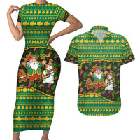 Jamaica Christmas Couples Matching Short Sleeve Bodycon Dress and Hawaiian Shirt with Rasta Santa Snowman Gingerbread Drummer Palm Trees and Green Yellow Knit Pattern Design - Wonder Print Shop