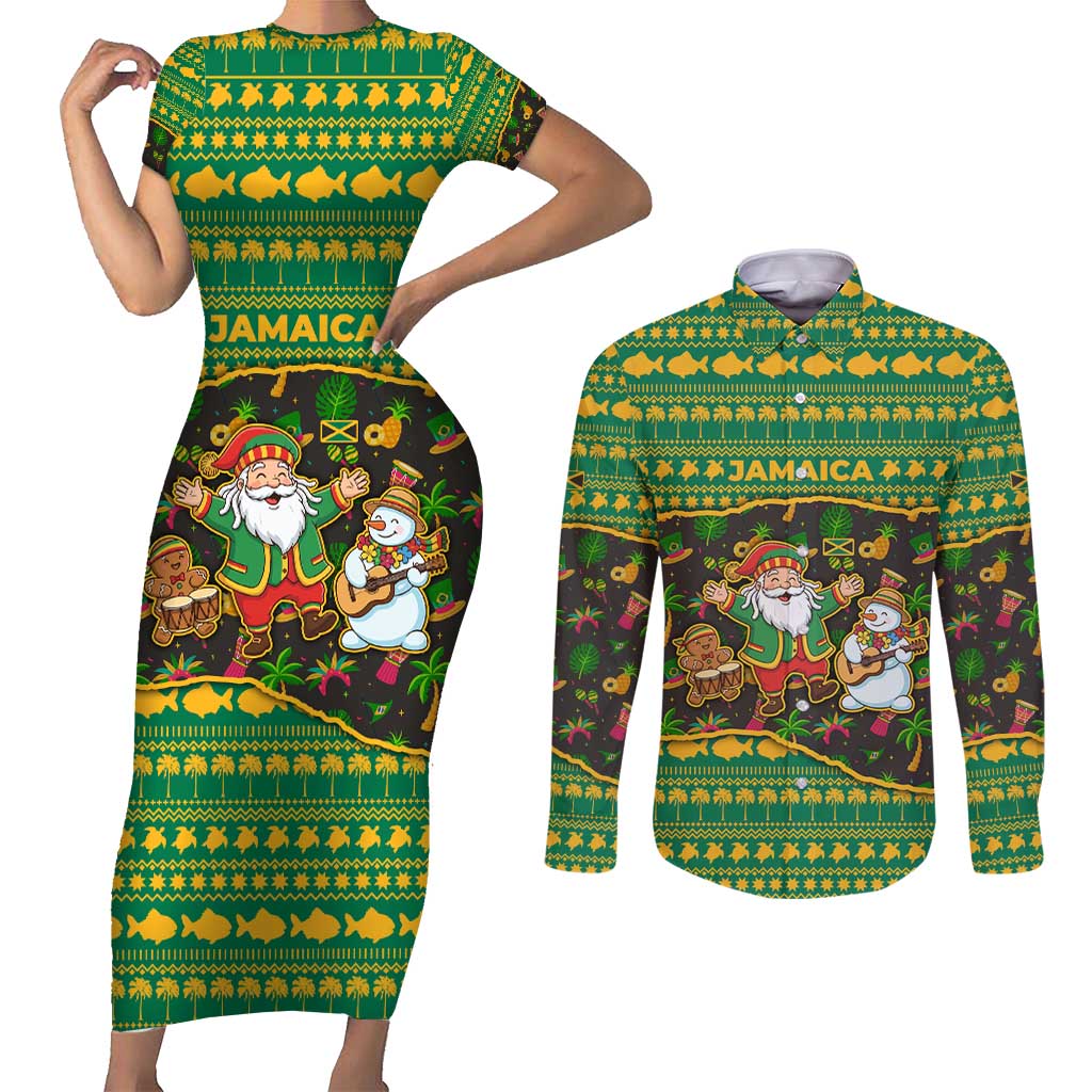 Jamaica Christmas Couples Matching Short Sleeve Bodycon Dress and Long Sleeve Button Shirt with Rasta Santa Snowman Gingerbread Drummer Palm Trees and Green Yellow Knit Pattern Design - Wonder Print Shop