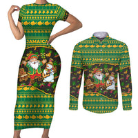 Jamaica Christmas Couples Matching Short Sleeve Bodycon Dress and Long Sleeve Button Shirt with Rasta Santa Snowman Gingerbread Drummer Palm Trees and Green Yellow Knit Pattern Design - Wonder Print Shop