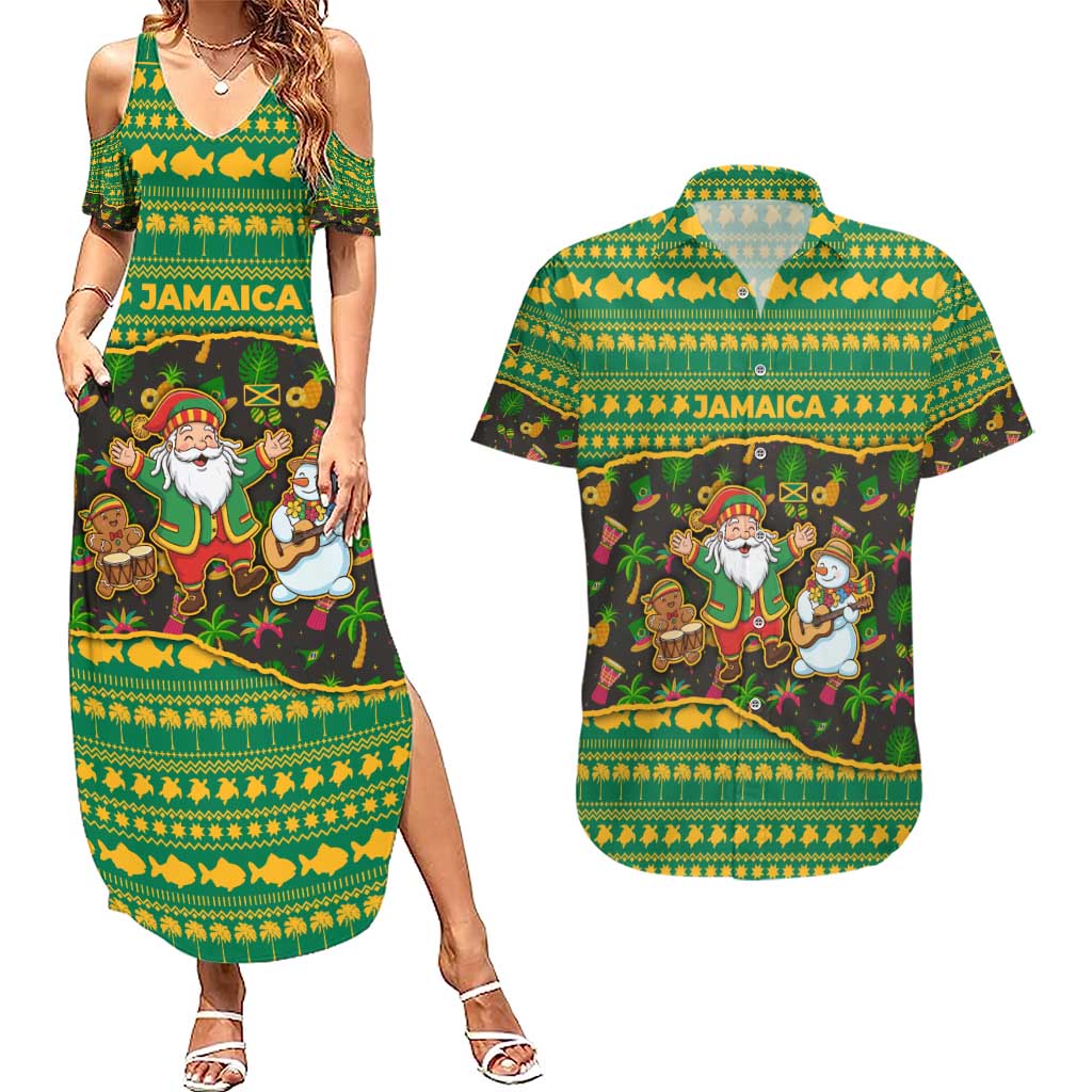 Jamaica Christmas Couples Matching Summer Maxi Dress and Hawaiian Shirt with Rasta Santa Snowman Gingerbread Drummer Palm Trees and Green Yellow Knit Pattern Design - Wonder Print Shop