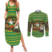 Jamaica Christmas Couples Matching Summer Maxi Dress and Long Sleeve Button Shirt with Rasta Santa Snowman Gingerbread Drummer Palm Trees and Green Yellow Knit Pattern Design - Wonder Print Shop