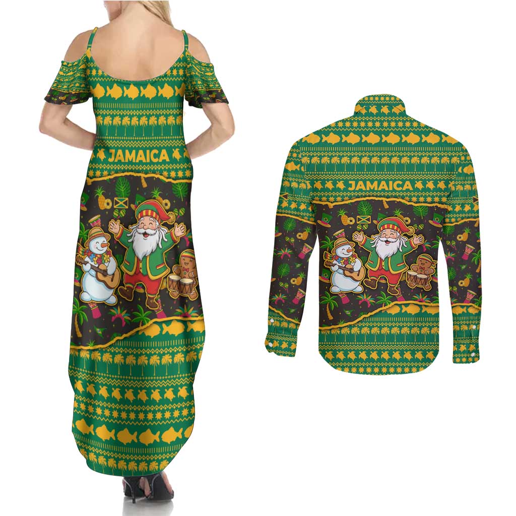 Jamaica Christmas Couples Matching Summer Maxi Dress and Long Sleeve Button Shirt with Rasta Santa Snowman Gingerbread Drummer Palm Trees and Green Yellow Knit Pattern Design - Wonder Print Shop