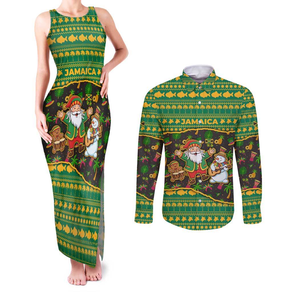 Jamaica Christmas Couples Matching Tank Maxi Dress and Long Sleeve Button Shirt with Rasta Santa Snowman Gingerbread Drummer Palm Trees and Green Yellow Knit Pattern Design - Wonder Print Shop