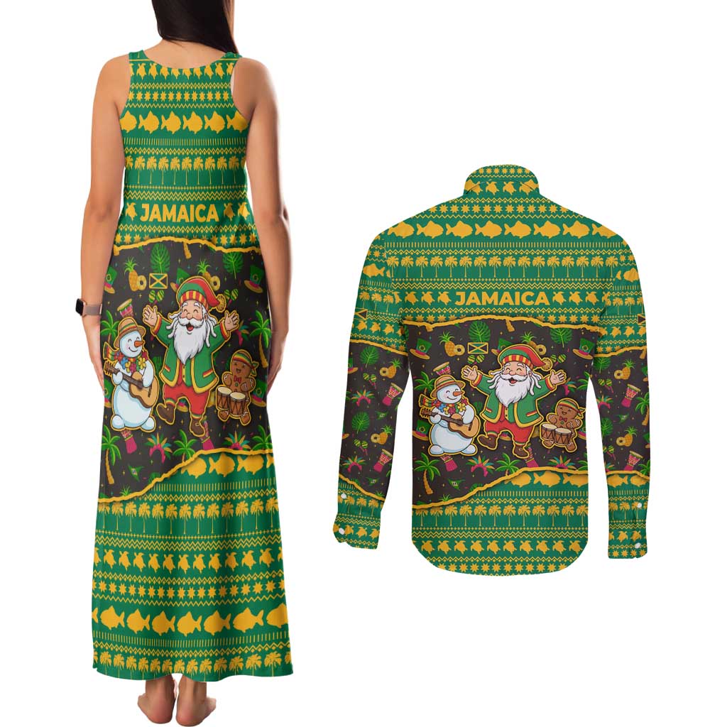 Jamaica Christmas Couples Matching Tank Maxi Dress and Long Sleeve Button Shirt with Rasta Santa Snowman Gingerbread Drummer Palm Trees and Green Yellow Knit Pattern Design - Wonder Print Shop