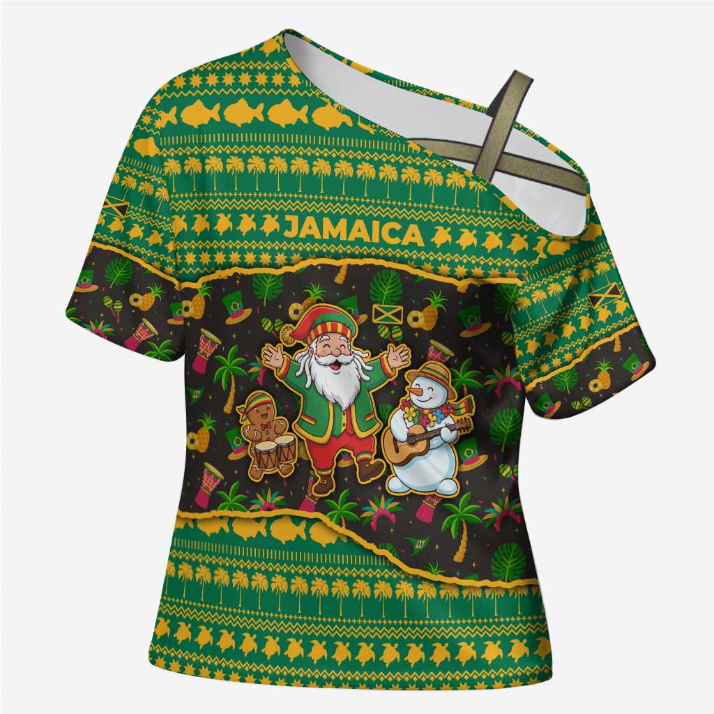 Jamaica Christmas Cross Shoulder Shirt with Rasta Santa Snowman Gingerbread Drummer Palm Trees and Green Yellow Knit Pattern Design - Wonder Print Shop