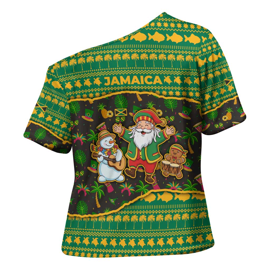 Jamaica Christmas Cross Shoulder Shirt with Rasta Santa Snowman Gingerbread Drummer Palm Trees and Green Yellow Knit Pattern Design - Wonder Print Shop