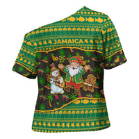 Jamaica Christmas Cross Shoulder Shirt with Rasta Santa Snowman Gingerbread Drummer Palm Trees and Green Yellow Knit Pattern Design - Wonder Print Shop