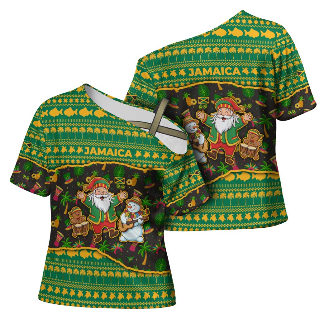 Jamaica Christmas Cross Shoulder Shirt with Rasta Santa Snowman Gingerbread Drummer Palm Trees and Green Yellow Knit Pattern Design - Wonder Print Shop