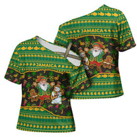 Jamaica Christmas Cross Shoulder Shirt with Rasta Santa Snowman Gingerbread Drummer Palm Trees and Green Yellow Knit Pattern Design - Wonder Print Shop