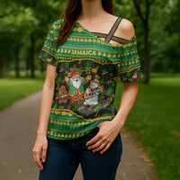 Jamaica Christmas Cross Shoulder Shirt with Rasta Santa Snowman Gingerbread Drummer Palm Trees and Green Yellow Knit Pattern Design - Wonder Print Shop