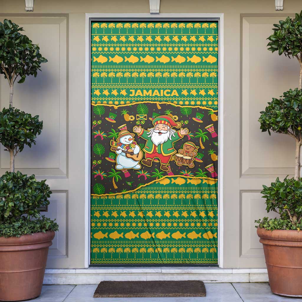 Jamaica Christmas Door Cover with Rasta Santa Snowman Gingerbread Drummer Palm Trees and Green Yellow Knit Pattern Design - Wonder Print Shop