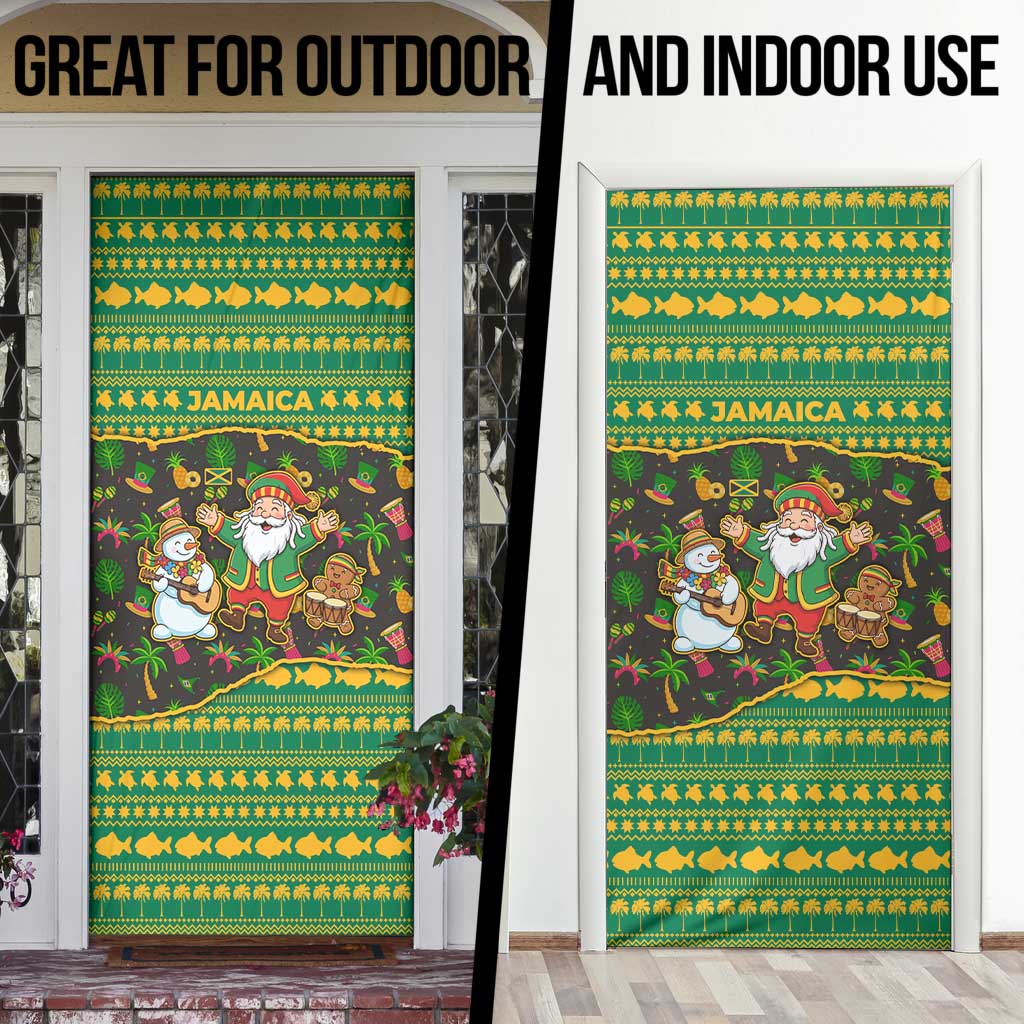 Jamaica Christmas Door Cover with Rasta Santa Snowman Gingerbread Drummer Palm Trees and Green Yellow Knit Pattern Design - Wonder Print Shop