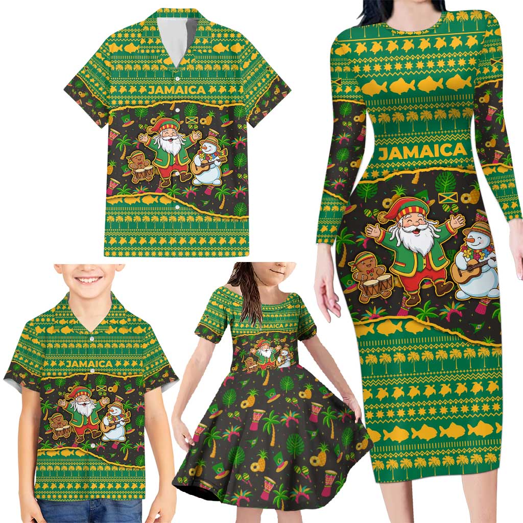 Jamaica Christmas Family Matching Long Sleeve Bodycon Dress and Hawaiian Shirt with Rasta Santa Snowman Gingerbread Drummer Palm Trees and Green Yellow Knit Pattern Design - Wonder Print Shop