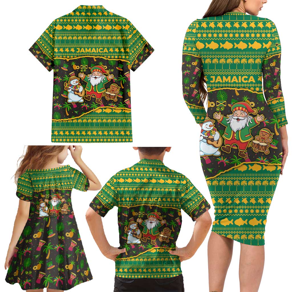 Jamaica Christmas Family Matching Long Sleeve Bodycon Dress and Hawaiian Shirt with Rasta Santa Snowman Gingerbread Drummer Palm Trees and Green Yellow Knit Pattern Design - Wonder Print Shop