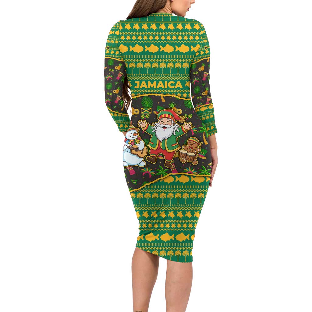 Jamaica Christmas Family Matching Long Sleeve Bodycon Dress and Hawaiian Shirt with Rasta Santa Snowman Gingerbread Drummer Palm Trees and Green Yellow Knit Pattern Design - Wonder Print Shop