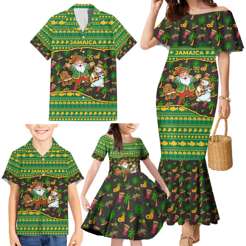Jamaica Christmas Family Matching Mermaid Dress and Hawaiian Shirt with Rasta Santa Snowman Gingerbread Drummer Palm Trees and Green Yellow Knit Pattern Design - Wonder Print Shop