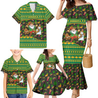 Jamaica Christmas Family Matching Mermaid Dress and Hawaiian Shirt with Rasta Santa Snowman Gingerbread Drummer Palm Trees and Green Yellow Knit Pattern Design - Wonder Print Shop