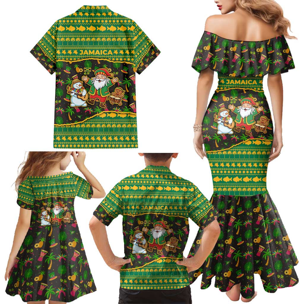 Jamaica Christmas Family Matching Mermaid Dress and Hawaiian Shirt with Rasta Santa Snowman Gingerbread Drummer Palm Trees and Green Yellow Knit Pattern Design - Wonder Print Shop