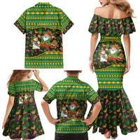 Jamaica Christmas Family Matching Mermaid Dress and Hawaiian Shirt with Rasta Santa Snowman Gingerbread Drummer Palm Trees and Green Yellow Knit Pattern Design - Wonder Print Shop
