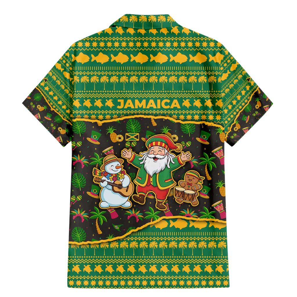 Jamaica Christmas Family Matching Mermaid Dress and Hawaiian Shirt with Rasta Santa Snowman Gingerbread Drummer Palm Trees and Green Yellow Knit Pattern Design - Wonder Print Shop