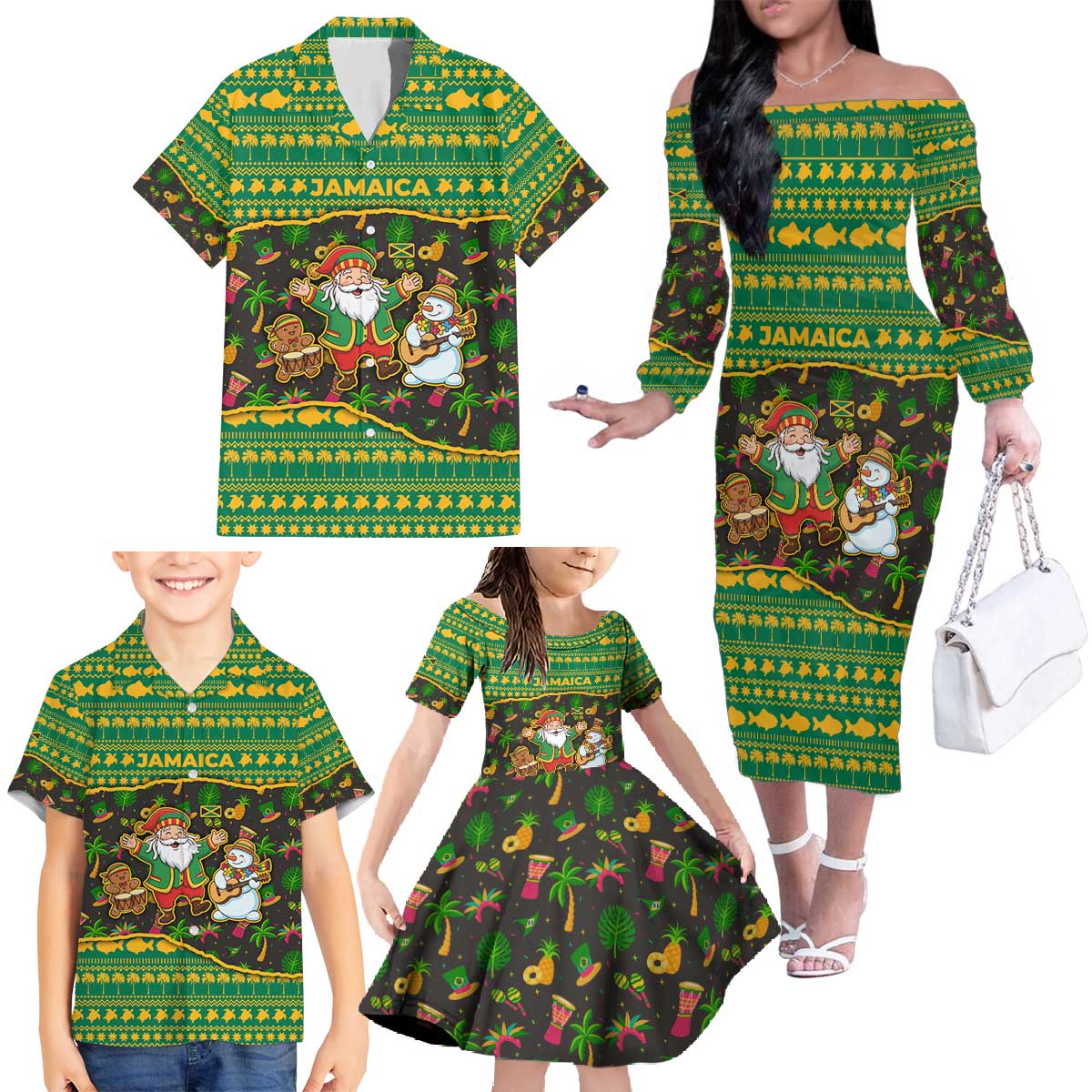 Jamaica Christmas Family Matching Off The Shoulder Long Sleeve Dress and Hawaiian Shirt with Rasta Santa Snowman Gingerbread Drummer Palm Trees and Green Yellow Knit Pattern Design - Wonder Print Shop