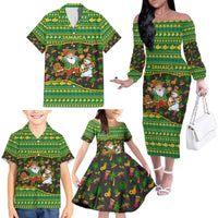 Jamaica Christmas Family Matching Off The Shoulder Long Sleeve Dress and Hawaiian Shirt with Rasta Santa Snowman Gingerbread Drummer Palm Trees and Green Yellow Knit Pattern Design - Wonder Print Shop