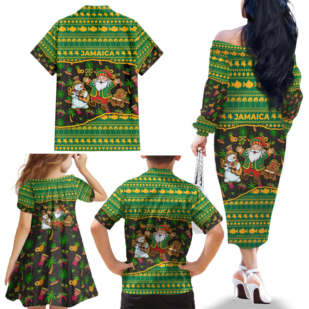 Jamaica Christmas Family Matching Off The Shoulder Long Sleeve Dress and Hawaiian Shirt with Rasta Santa Snowman Gingerbread Drummer Palm Trees and Green Yellow Knit Pattern Design - Wonder Print Shop