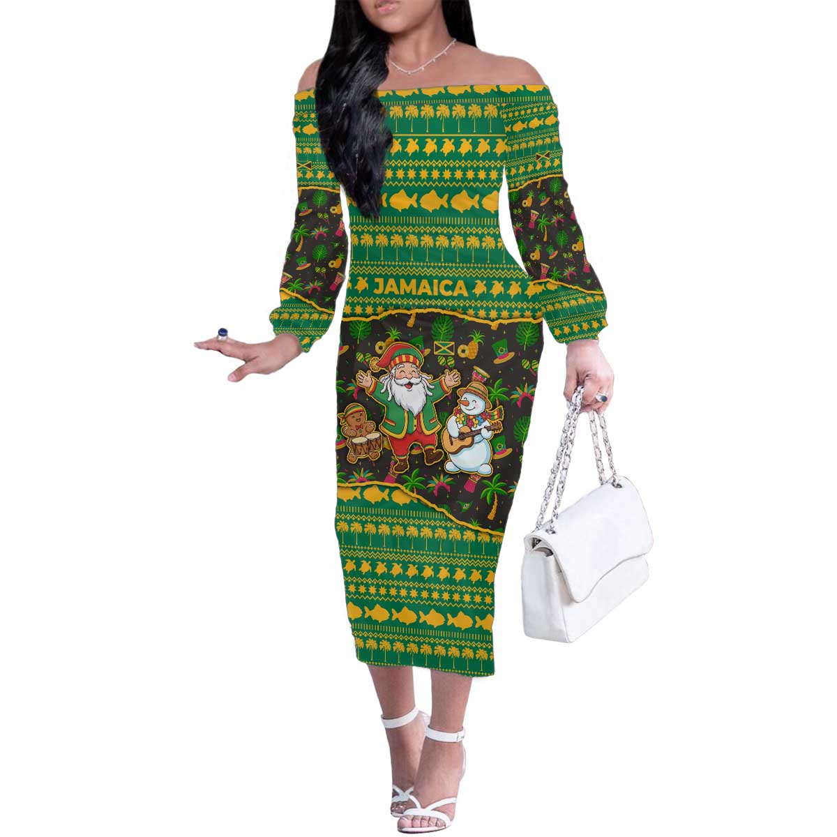 Jamaica Christmas Family Matching Off The Shoulder Long Sleeve Dress and Hawaiian Shirt with Rasta Santa Snowman Gingerbread Drummer Palm Trees and Green Yellow Knit Pattern Design - Wonder Print Shop